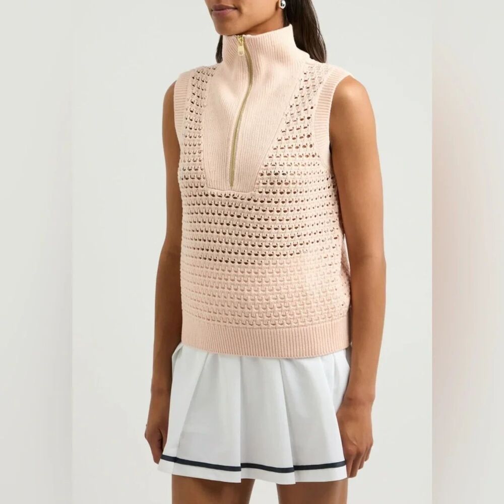Varley Bains Half Zip Tank Top Peach Pink Pointelle Knit Sweater Vest Large